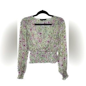Zara Top | Green & Pink Floral Pattern | Smocked Waist & Sleeves | Large